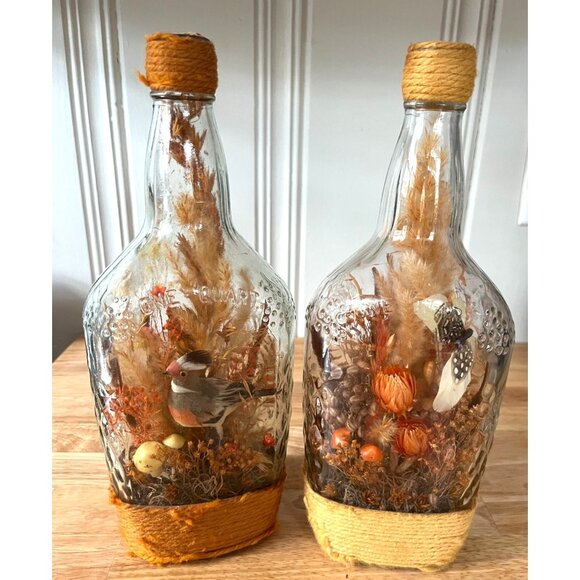 Unique Vintage Glass Bottles Dried Botanical Arrangement Butterfly Bird Figures - Picture 1 of 16